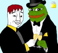 amphibian arm bowtie closed_mouth clothes frog glass green_skin hand hat holding_object nas:pepe pepe_the_frog red_hair smile soyjak top_hat tuxedo variant:chudjak wine // 680x621 // 123.5KB