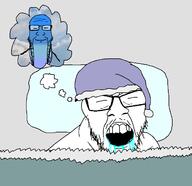 2soyjaks bed blanket blue_skin calm closed_eyes closed_mouth clothes dream drool glasses hat nightcap open_mouth sky sleeping smile soyjak speech_bubble stretched_chin stubble subvariant:longplier thought_bubble variant:feraljak variant:markiplier_soyjak // 1900x1837 // 443.0KB