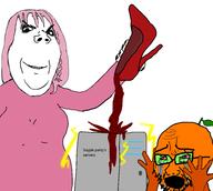 2soyjaks arm bloodshot_eyes clothes crying daddy's_girl female food froot fruit glasses hair hand hands_up holding_object leaf open_mouth orange orange_skin pink_hair server shoe smile soyjak soyjak_party stubble subvariant:wholesome_soyjak text variant:cryboy_soyjak variant:gapejak wine // 1900x1700 // 510.7KB