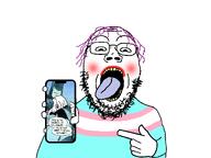 2soyjaks batman blush comic flag:transgender_pride_flag front_facing hair hand holding_object holding_phone lipstick open_mouth pointing purple_hair subvariant:gapejak_front text tongue tongue_out tranny trans transgender_flag troon variant:gapejak variant:soyak weapon yellow_teeth // 1200x900 // 169.0KB