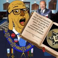 animal black_lives_matter book clothes dog ear freemason glasses israel janny joe_biden judaism lgbt maga mustache necktie open_mouth pentagram raised_fist_(symbol) satanism soyjak suit text tranny variant:esam2 yellow_skin // 1078x1076 // 1.5MB