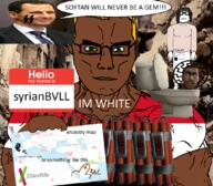 23andme 2soyjaks bbc black_skin bomb closed_eyes closed_mouth dynamite ear flag:syria glasses green_eyes hair hanging hello_my_name_is_(sticker) irl irl_background lips map nazism open_eyes open_mouth schutzstaffel skibidi_toilet sonnenrad soylent_(cacao) subvariant:unbotheredchud suicide_bomber syria syrianbvll_(user) toilet turquoise_eyes variant:chudjak variant:soytan white_skin wrinkles yellow_hair // 1059x929 // 1003.3KB
