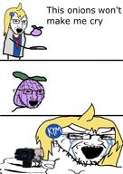 arm badge bloodshot_eyes clothes crying female firearm food foodjak glasses gun hair hand holding_gun holding_object holding_pistol knife knowyourmeme necktie onion open_mouth pistol purple_skin soyjak stubble variant:soyak weapon yellow_hair // 680x962 // 177.0KB