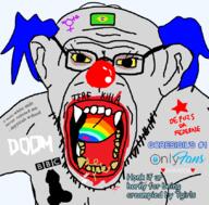 4chan animal bant_(4chan) bbc blue_hair brazil british_broadcasting_corporation clown doom ear flag flag:brazil glasses makeup nayyirah_waheed nsfw onlyfans penis proto-slopjak rainbow sharp_teeth soyjak star stubble terf text tranny variant:monkeyjak yellow_teeth // 847x833 // 124.6KB