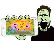 3_am arrow beard brown_hair circle clickbait discovery_kids glasses green_skin holding_phone open_mouth peppa_pig red_circle showing_phone showing_something spanish_text subvariant:phoneplier subvariant:phoneplier_horizontal text undea2 variant:markiplier_soyjak yellow_eyes youtube // 2602x1980 // 1.3MB