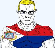 animal arm bird blue_eyes buff closed_mouth clothes eagle flag flag:sint_maarten glasses hair latin_text netherlands sint_maarten soyjak subvariant:chudjak_front subvariant:muscular_chud text transparent transparent_background tshirt variant:chudjak vein yellow_hair // 1059x929 // 104.6KB