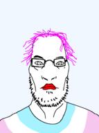 closed_mouth flag:transgender_pride_flag glasses jawline lipstick looking_at_you purple_hair soyjak stubble tranny transparent_background variant:unknown // 708x949 // 30.6KB