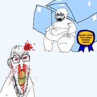 2soyjaks angry award beard blood bloodshot_eyes crying ear fat glass glass_house glasses hair hypocritical obese open_mouth rock rocks sitting_down soyjak subvariant:feralrage teeth text variant:cryboy_soyjak variant:feraljak yellow_teeth // 1024x1024 // 277.1KB