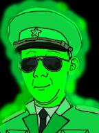 cap closed_mouth clothes collar_tabs communism ear glasses green_skin hammer_and_sickle hat kgb necktie smile soyjak star sunglasses trend:glowie uniform variant:kuzjak // 648x864 // 313.4KB