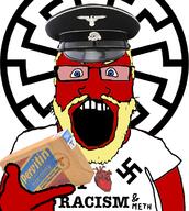 angry arm beard blue_eyes clothes drugs fume glasses hair hand hat hat_ornament holding_object i_love methamphetamine military military_hat nazi_germany nazism no_symbol open_mouth peaked_cap pervitin racism red_skin reichsadler skull_hat_ornament sonnenrad soyjak subvariant:science_lover swastika totenkopf trend:aryan tshirt variant:markiplier_soyjak yellow_hair // 1053x1177 // 634.5KB