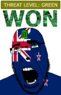 ahegao country emerald flag flag:new_zealand gem glasses green green_eyes hair looking_up new_zealand open_mouth schlog_color_event soyjak soyjak_blog star_(symbol) stubble teeth text threat_level_green variant:cobson won // 721x1115 // 168.6KB