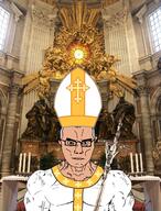 altar brown_eyes buff candle catholic catholicism christianity church closed_mouth clothes cross crucifix glasses grey_hair irl_background looking_at_you meta:truth_nuke muscles papal_tiara pope scarf staff statue subvariant:chudjak_front subvariant:muscular_chud tiara variant:chudjak vatican vein // 1851x2432 // 618.0KB