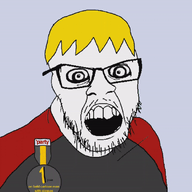 4chan acne animated anime badge blood blue_eyes clothes crazed glasses green_hair hair incel mustache nate oldfag open_mouth soot_colors soyjak soyjak_party stubble text tshirt variant:feraljak yellow_hair yellow_teeth yotsoyba // 600x700 // 2.9MB