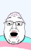glasses hair mustache open_mouth purple_hair soyjak stubble tranny variant:fishboy // 603x1047 // 18.0KB