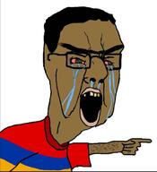 big_nose brown_skin browridge chud_(boorufag) chud_(soybooru) crying flag:armenia glasses golden_tooth hairy hooked_nose nazism pointing sandnigger unibrow variant:chudjak yellow_teeth // 614x675 // 124.3KB