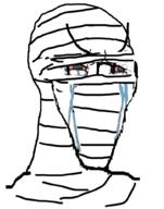 bandage bloodshot_eyes clothes crying fallout fallout_new_vegas glasses hat injured joshua_graham large_eyebrows mummy screaming soyjak stretched_chin variant:soyak // 785x1000 // 240.7KB