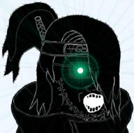 akatsuki akatsuki_uniform anime artist:hellcat black_skin cloak clothes deidara_(naruto) forehead_protector glasses glowing glowing_eyes green_eyes hair headband inverted iwagakure_symbol naruto_(series) open_mouth ponytail soyjak stubble thougher variant:soyak // 916x912 // 504.8KB