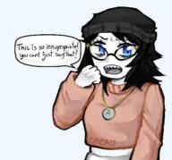 artist:jaikacuz blue_eyes clothes glasses hair necklace open_mouth speech_bubble text variant:soytan // 460x430 // 159.5KB