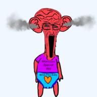 angry bloodshot_eyes clothes crying diaper ear full_body fume glasses hair heart open_mouth red_skin red_teeth soyjak stretched_mouth stubble teeth text transparent transparent_background variant:soyak // 1024x1024 // 287.2KB