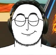 bald closed_eyes closed_mouth glasses headphones holding_laughter ishowspeed smile stubble subvariant:weirdpenis_front variant:weirdpenis white_skin // 592x581 // 148.6KB