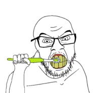 angry arm clenched_teeth glasses hand holding_object mustache soyjak stubble toothbrush variant:feraljak yellow_teeth // 703x679 // 106.1KB