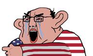 amerimutt arm balding bloodshot_eyes brown_skin crying ear fat flag glasses hand mutt nas:amerimutt open_mouth pointing soyjak subvariant:chudjak_amerimutt united_states variant:chudjak // 1127x685 // 80.6KB