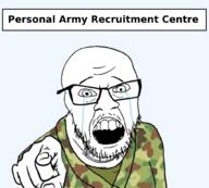 army clothes crying glasses hand military mustache personal_army pointing pointing_at_viewer sad soyjak stubble text variant:feraljak wrinkles // 1013x914 // 260.8KB