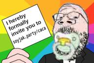 baby babyjak bowtie caca clothes glasses holding_object invitation pacifier soyjak_party stubble trend:colorjak tuxedo variant:gapejak // 1200x800 // 204.7KB