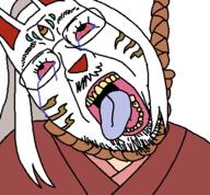 animal_ears bloodshot_eyes crying funamusea furry glasses hanging mask reina rope stubble tranny variant:bernd white_background white_hair // 450x417 // 18.5KB