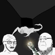 3soyjaks arm beard closed_mouth drawn_background flashlight full_body glasses hand holding_object horror monster no_eyes scared soyjak stubble subvariant:fingerboy subvariant:soyak_(concerned) tail variant:fatjak variant:feraljak variant:soyak // 2000x2000 // 800.2KB