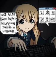 anime arm closed_mouth clothes computer crying duel glasses hair hand hands_up headphones k_on kotobuki_tsumugi multiple_soyjaks open_mouth redraw smile soy_parody soyjak speech_bubble text variant:a24_slowburn_soyjak variant:gapejak variant:markiplier_soyjak variant:soyak variant:tony_soprano_soyjak yellow_hair // 1170x1189 // 160.1KB