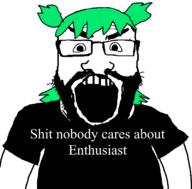 4chan 4cuck angry anime beard black_shirt clothes enthusiast glasses green_hair hair open_mouth shitnobodycaresabout soyjak subvariant:science_lover text tshirt variant:markiplier_soyjak white_text yotsoyba // 800x789 // 78.3KB