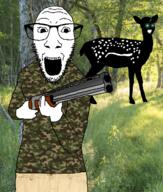 camo camouflage deer doe forest full_body glasses green_eyes hunting inverted irl_background open_mouth shotgun soyjak stubble subvariant:soyak_(crazed) thougher traced variant:dylanjak // 552x650 // 565.4KB