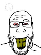 bloodshot_eyes clock crazy glasses grin red_sclera rotten_teeth smile stubble variant:markiplier_soyjak // 600x800 // 9.9KB