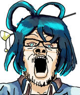 anime blue_eyes blue_hair clothes female glasses hair kaku_seiga mustache open_mouth soyjak stubble touhou variant:a24_slowburn_soyjak video_game white_skin // 516x611 // 267.1KB