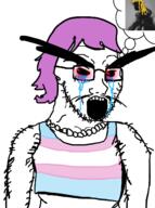 arm bloodshot_eyes body_hair clothes crying flag gigachad glasses hair hairy large_eyebrows mustache nas:gigachad open_mouth purple_hair soyjak speech_bubble stubble thick_eyebrows tranny variant:soyak // 1057x1422 // 258.0KB