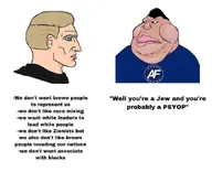 america_first blue_eyes brown_skin closed_mouth english_text meta:low_resolution meta:not_oc nas:yes_chad politics text variant:meximutt wordswordswords yellow_hair // 680x552 // 41.1KB