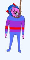 ack bloodshot_eyes blue_hair bow bowtie bury_pink_gril clothes crying dead full_body glasses hair mustache noose open_mouth pink pink_skin rope s4s_(4chan) soyjak stubble suicide tongue tranny variant:bernd yellow_teeth // 1400x2800 // 66.1KB