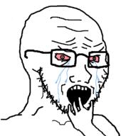 bloodshot_eyes crying glasses hand open_mouth scared soyjak stubble subvariant:crying_soyak_ears2 template variant:soyak white_background // 708x800 // 9.5KB