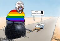 ack aids bloodshot_eyes eradication faggot fat flag:lgbt_pride_flag glasses lgbt monkeypox open_mouth political_cartoon pride_flag tongue variant:gapejak // 1200x834 // 923.8KB