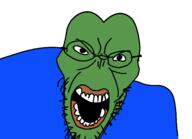 angry clothes frog glasses green_skin open_mouth pepe soyjak stubble variant:angry_soyjak // 1600x1155 // 40.7KB