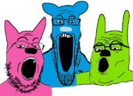 3soyjaks animal_ears blue_skin glasses green_skin hoops_and_yoyo open_mouth pink_skin soyjak stretched_mouth stubble trend:soyjak_trio variant:gapejak variant:markiplier_soyjak variant:tony_soprano_soyjak // 827x598 // 54.0KB