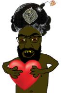 arab arabic_text bear brown_eyes brown_skin crooked_teeth glasses heart holding_heart holding_object islam muhammad open_mouth subvariant:tetojak thick_eyebrows turban variant:feraljak yellow_teeth // 676x1021 // 361.4KB