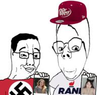 2soyjaks asian brainful cap clothes distorted dr_pepper full_body glasses hand hat holding_object irl libertarian nazism new_balance rand_paul smile smug soyjak stubble subvariant:rand subvariant:wholesome_soyjak swastika tshirt variant:chudjak variant:gapejak // 1641x1616 // 985.1KB
