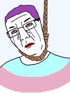 ack bloodshot_eyes closed_mouth clothes crying flag:transgender_pride_flag hair hanging lips lipstick neutral purple_hair red_lips rope subvariant:chuzjak suicide tranny transgender_flag variant:chudjak variant:kuzjak white_skin // 810x1080 // 26.0KB