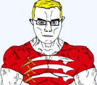 arm aryan blue_eyes british buff closed_mouth clothes crown ear england flag flag:middlesex glasses hair middlesex soyjak subvariant:chudjak_front subvariant:muscular_chud sword tshirt united_kingdom variant:chudjak vein yellow_hair // 1059x929 // 113.1KB