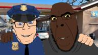 black_skin blue_eyes derek_chauvin friendship gas_station george_floyd irl_background no_more_brother_wars police police_badge police_hat series:saint_floyd smile variant:cobson variant:feraljak white_skin yellow_sclera // 1920x1080 // 1.2MB