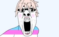 astolfo blush clothes flag glasses hair lipstick open_mouth pink_hair soyjak stubble tranny variant:unknown // 1280x800 // 49.7KB
