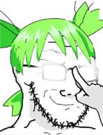 4chan anime closed_mouth glasses glowing_glasses green_hair hair hand smug soyjak stubble variant:soyak yotsoyba // 617x804 // 212.1KB