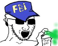 cap clothes earpiece federal_bureau_of_investigation glasses hand hat holding_object open_mouth soyjak spray stubble sunglasses tear_gas variant:soyak // 1013x800 // 194.1KB